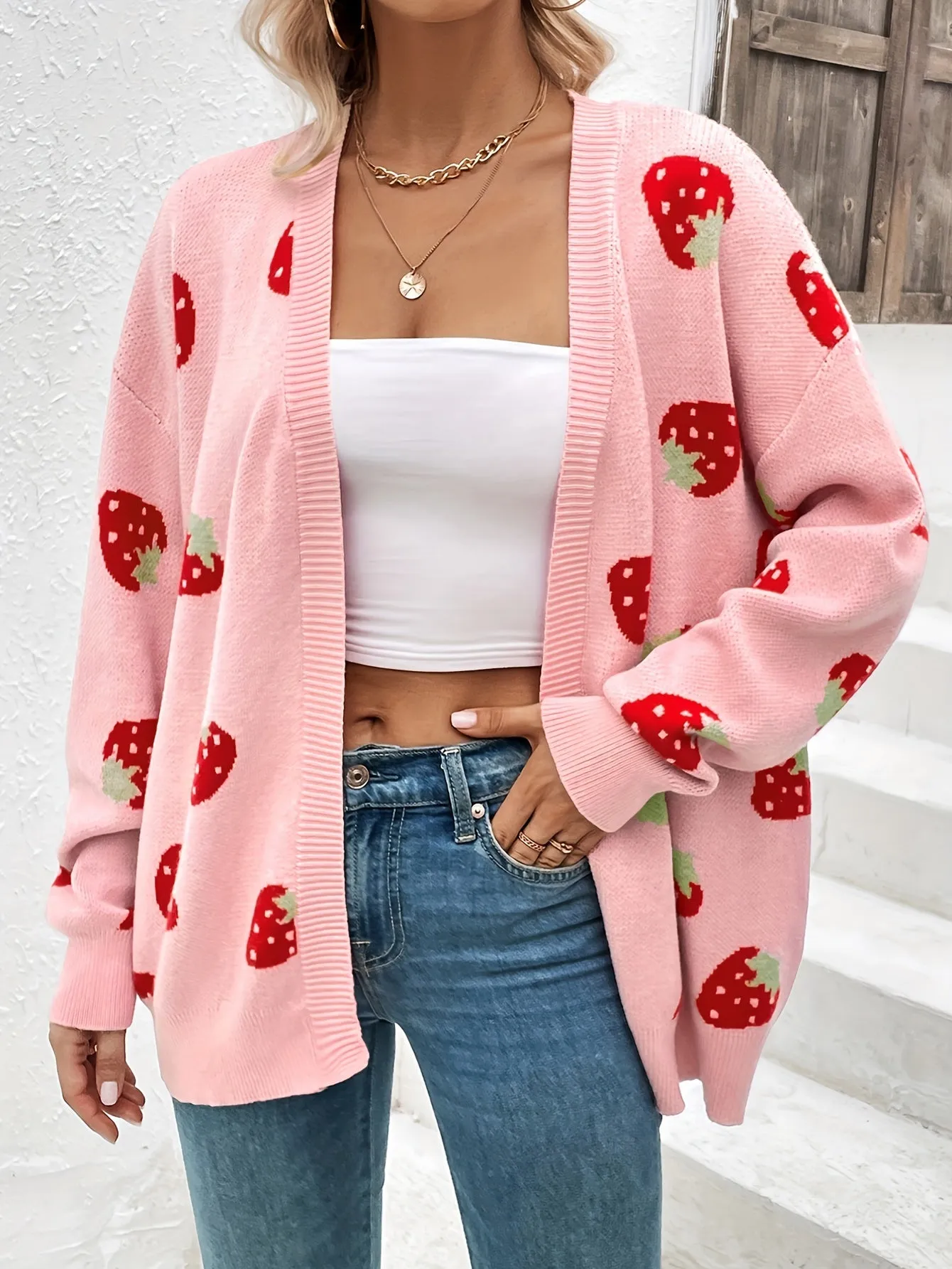 Strawberry Print Plus Size Long Sleeve Cardigan