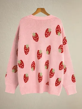 Strawberry Print Plus Size Long Sleeve Cardigan