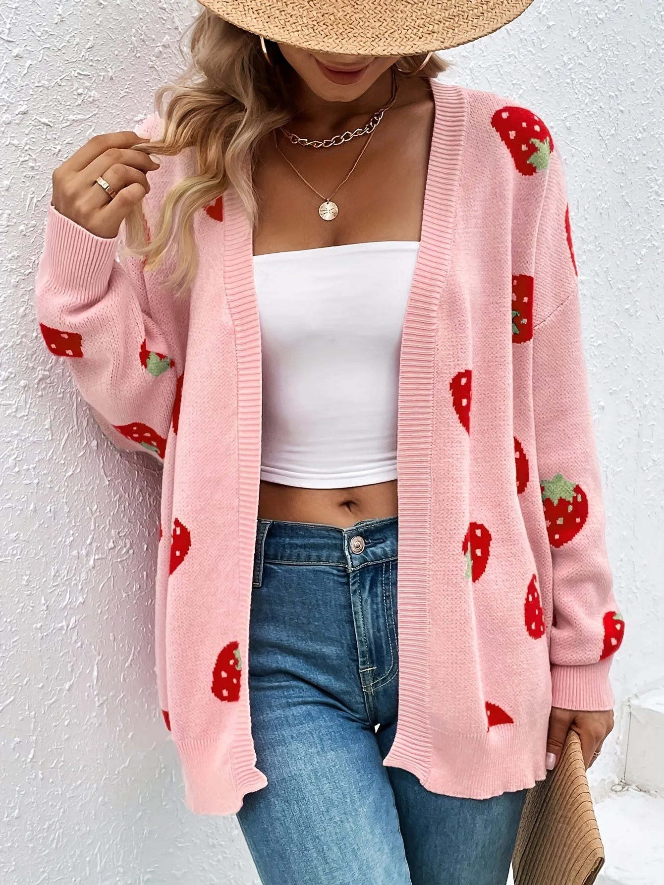 Strawberry Print Plus Size Long Sleeve Cardigan