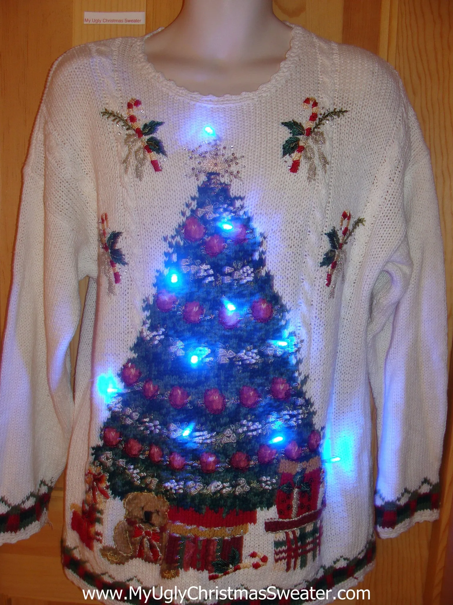 Tacky 80s Light Up Christmas Sweater Tree Ivy Candycanes Bear