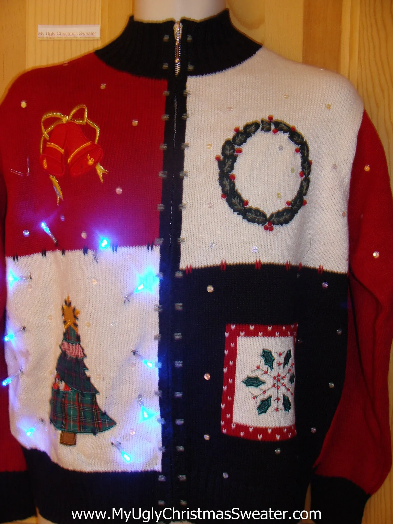 Tacky Light Up Christmas Sweater Tree, Wreath, Bells, Snowflake