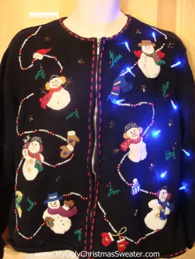 Tacky Light Up Christmas Sweater with Happy Snowmen Front and Back