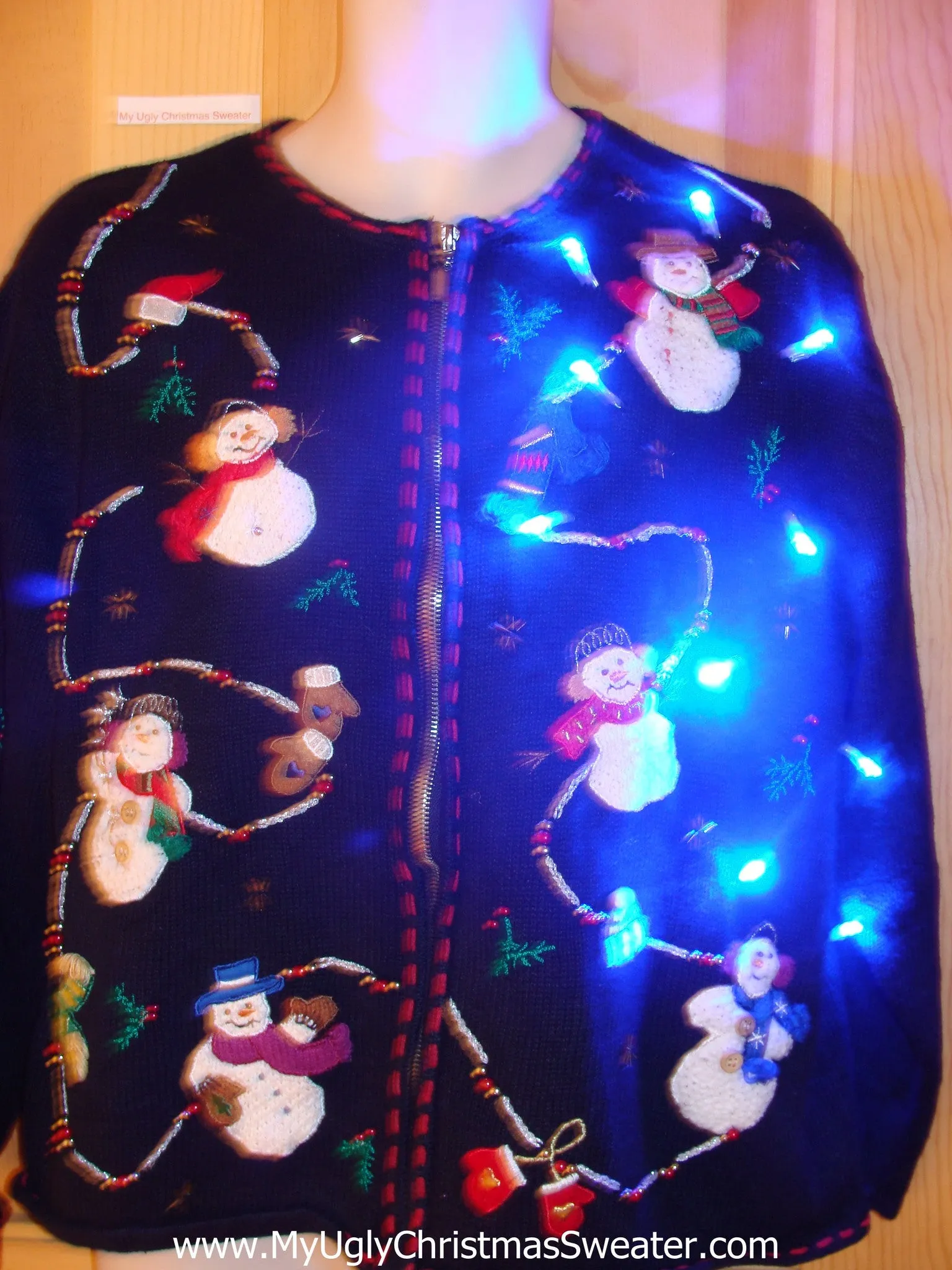 Tacky Light Up Christmas Sweater with Happy Snowmen Front and Back