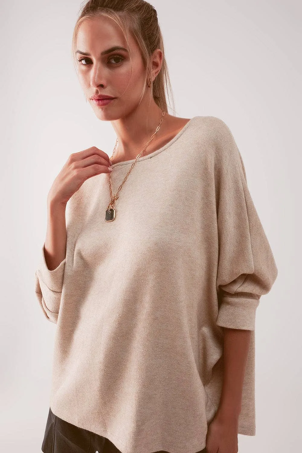 The Boat Neck Batwing Sweater - Beige