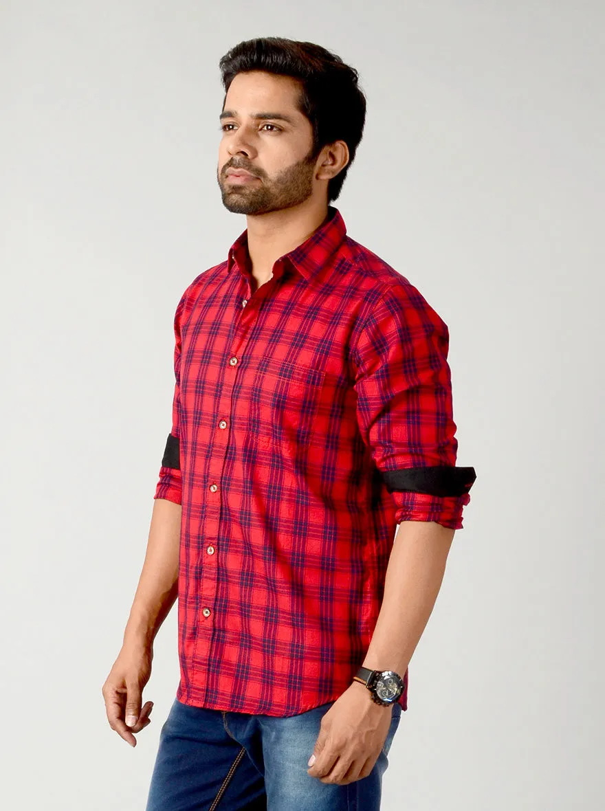 True Red Checked Slim Fit Casual Shirt | JadeBlue