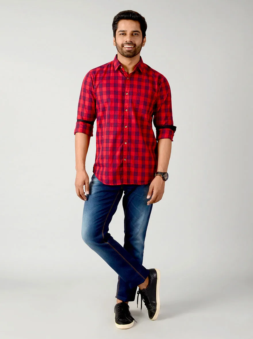 True Red Checked Slim Fit Casual Shirt | JadeBlue