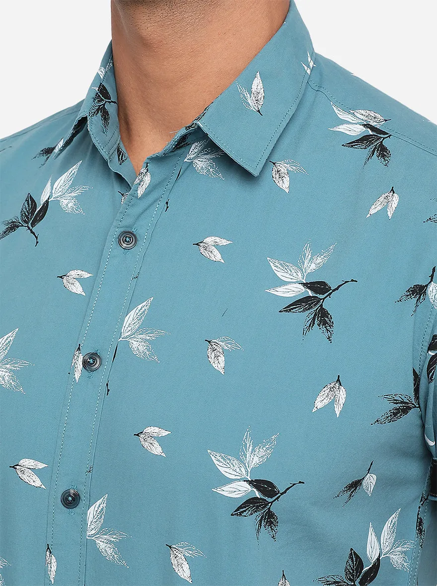 Turquoise Blue Printed Slim Fit Casual Shirt | Greenfibre