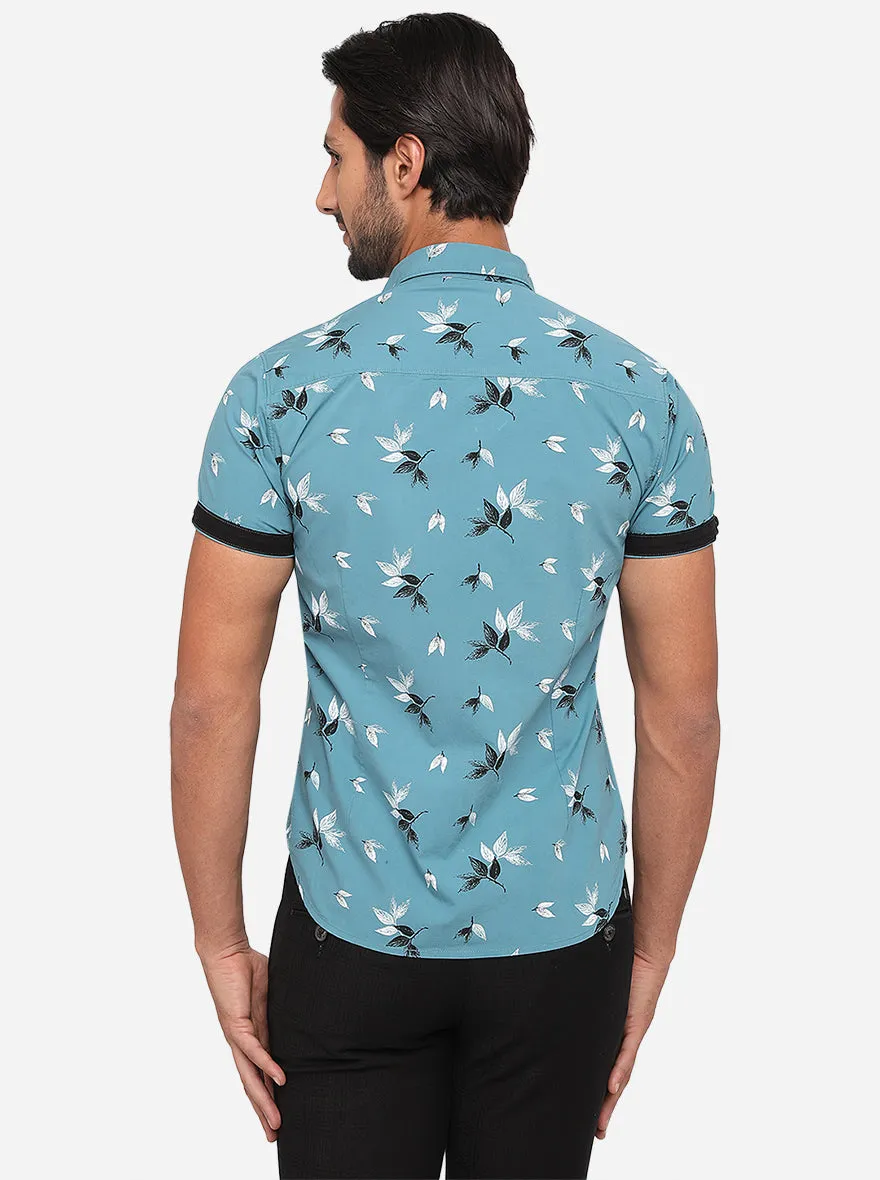 Turquoise Blue Printed Slim Fit Casual Shirt | Greenfibre