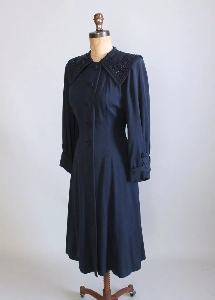 Vintage 1940s Navy Beaded Collar Princess Coat