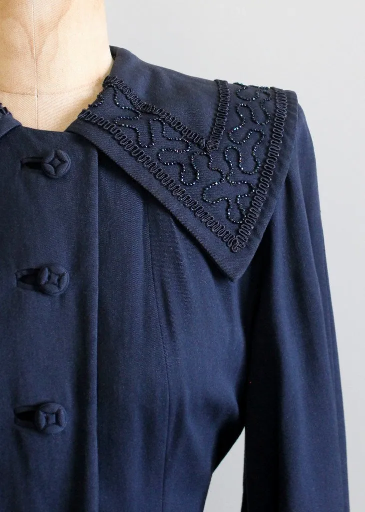 Vintage 1940s Navy Beaded Collar Princess Coat