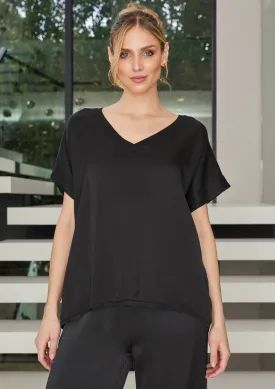 Viscose Short Sleeve V-Neck Top - Black