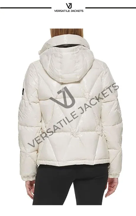 Water resistant down feather fill short puffer coat