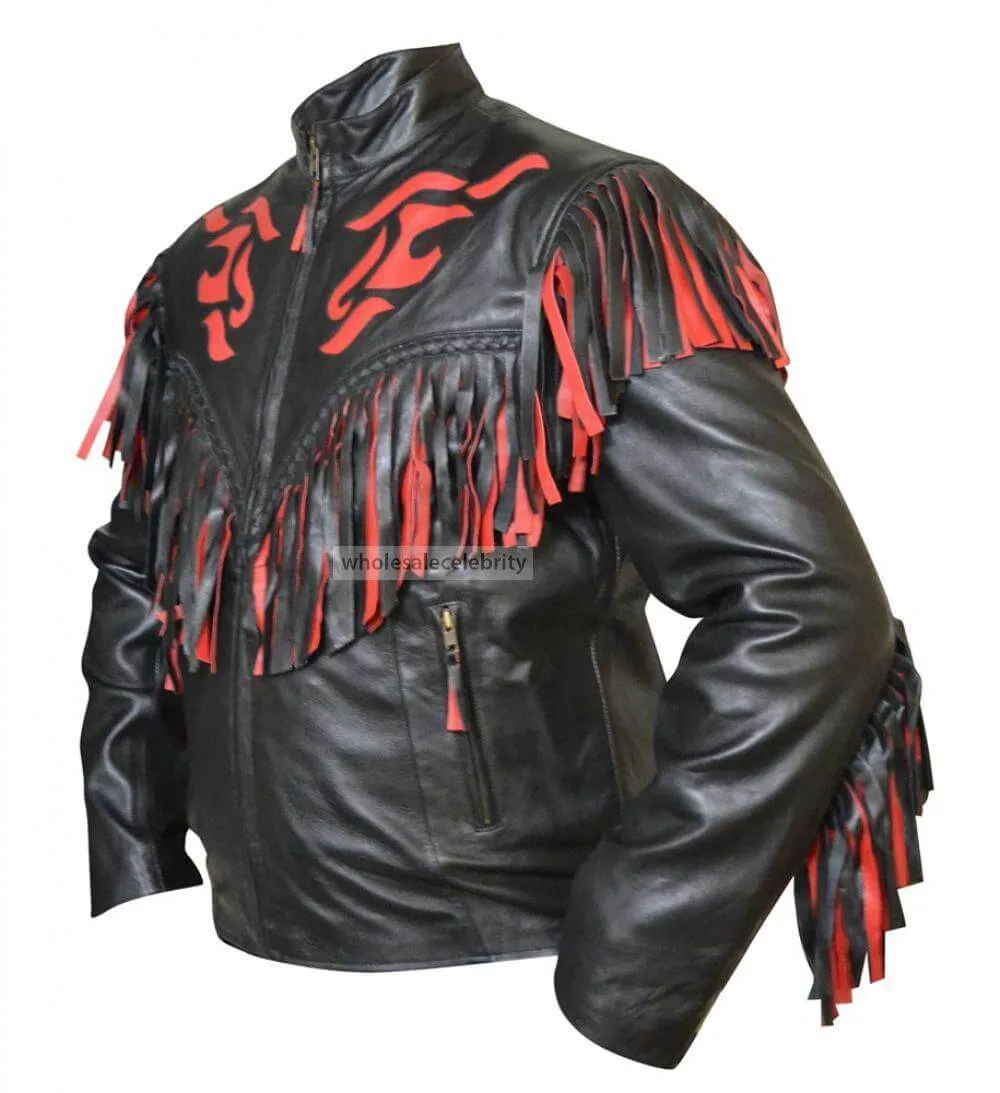 western cowboy black and red fringes leather jacket