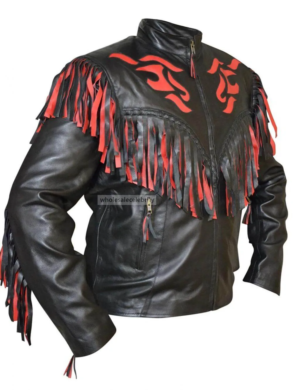 western cowboy black and red fringes leather jacket