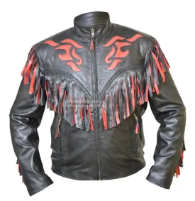 western cowboy black and red fringes leather jacket