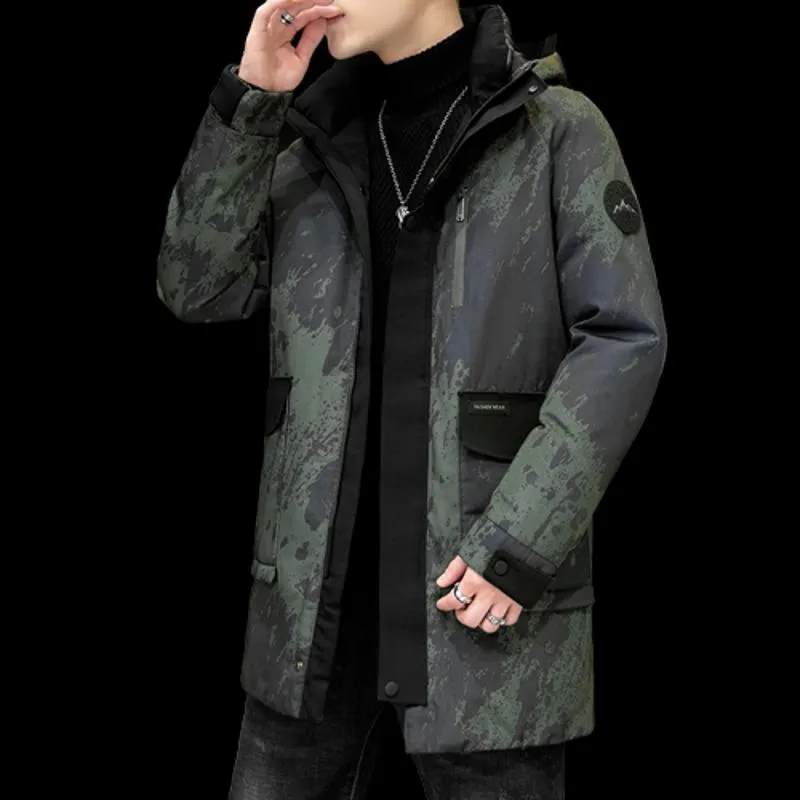 White Duck Down Pilot Thickened Camouflage Mid-Length Down Coat