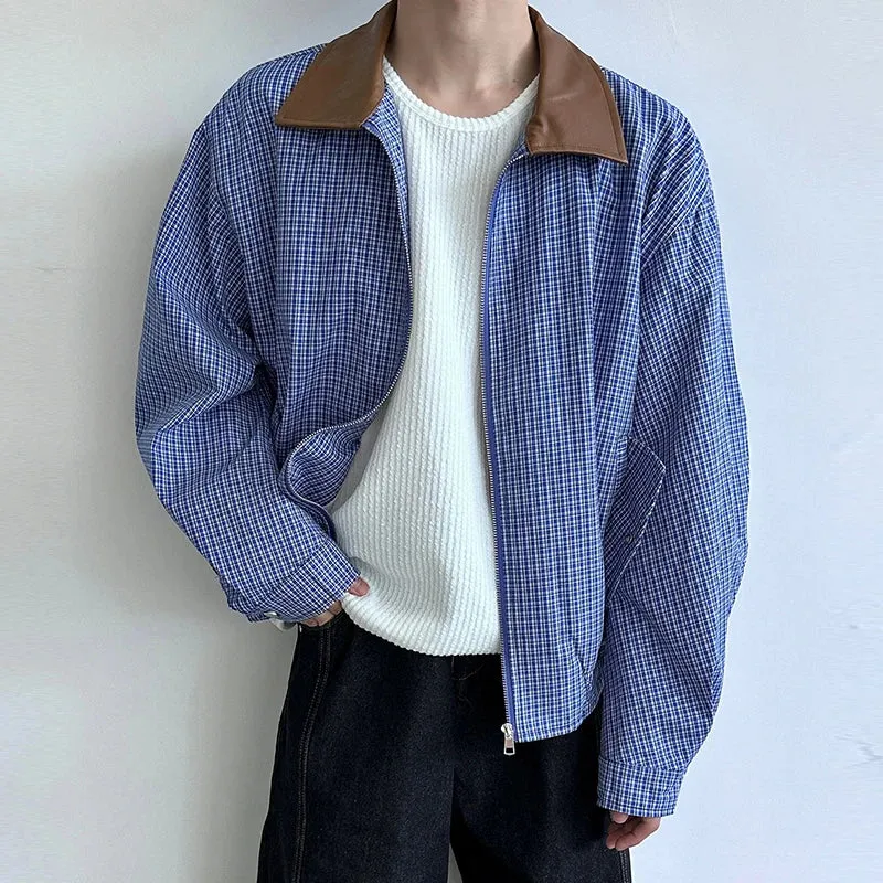 Wiaofellas  -  Men's Leisure High Street Blue Plaid Jacket Streetwear Turn-down Collar Korean Harajuku Popular Clothes Long Sleeve Zipper Coats