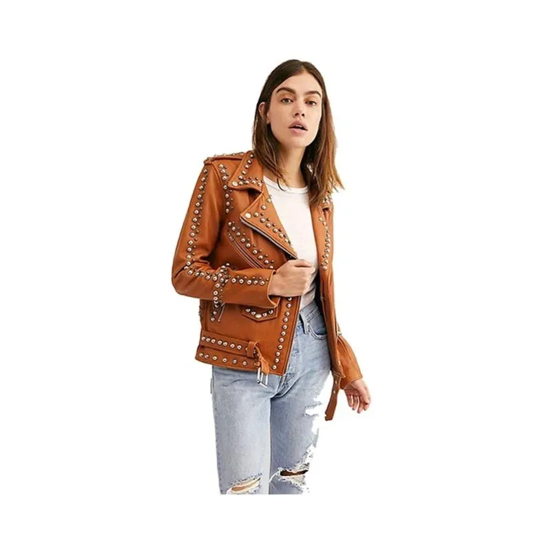 Women Tan Leather Moto Studded Jacket