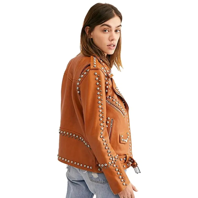 Women Tan Leather Moto Studded Jacket