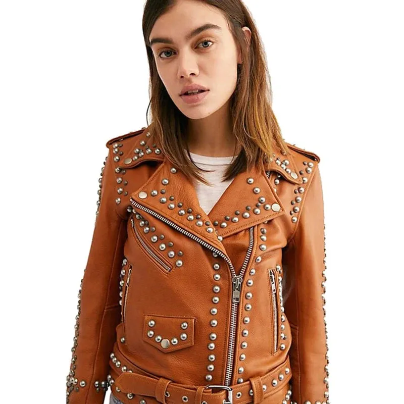 Women Tan Leather Moto Studded Jacket