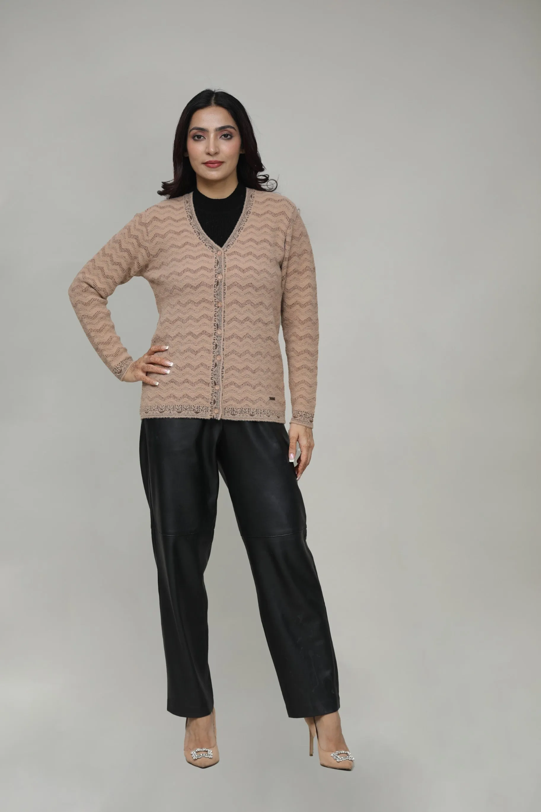 Woolen V-Neck Cardigan with Front Buttons