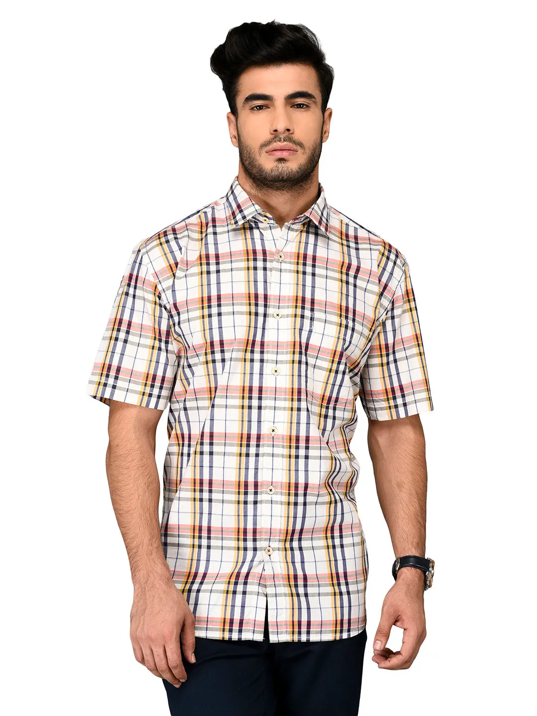 Yellow & Blue Checked Slim Fit Casual Shirt | JadeBlue